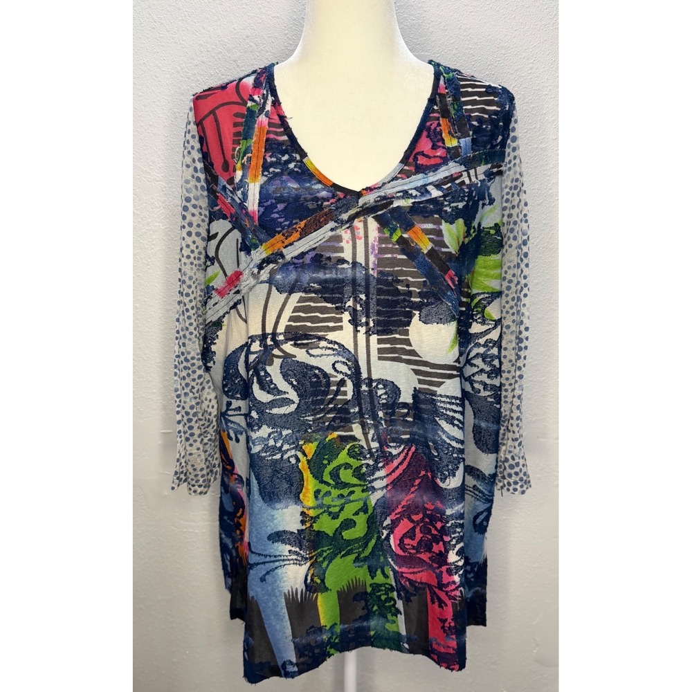 Ali Miles Women 1X Abstract Mixed Print V-Neck Tunic Top Multi-Color Mesh Sleeve